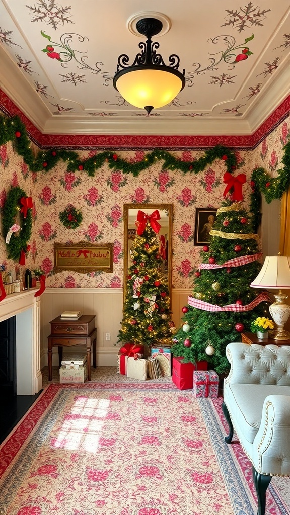 Traditional Christmas wallpaper with holly and snowflakes in a festive room with a Christmas tree.